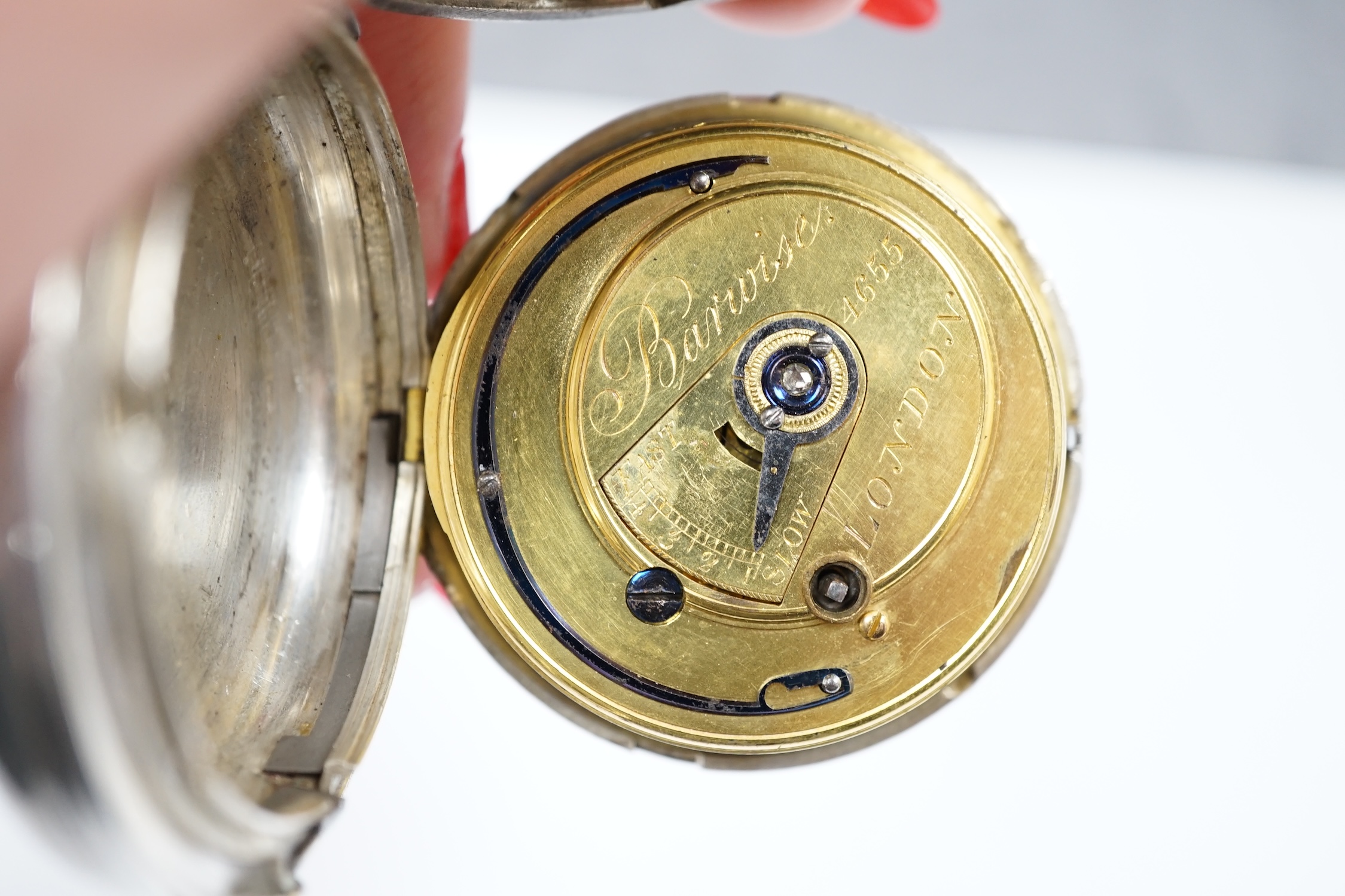 A George III silver hunter keywind duplex pocket watch, by Barwise of London, with Roman dial and signed movement with diamond set cock and numbered 4655, case diameter 55mm.